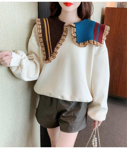 【秋の初めの割引！！】好感度UP   折り襟 配色 スウェット長袖Tシャツ＜F-3999＞
