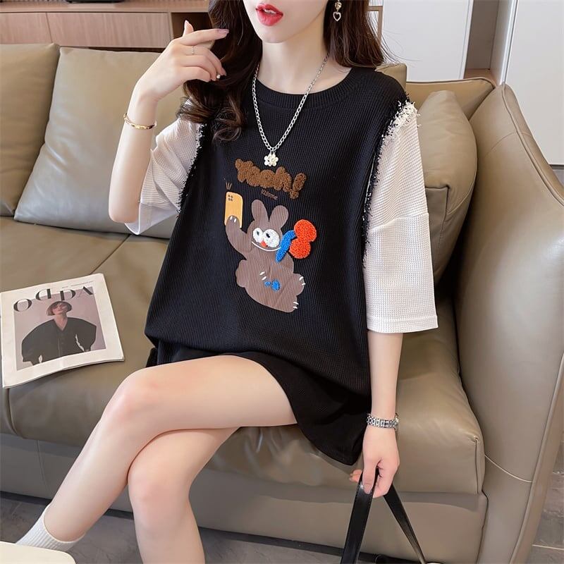 ワッフルフェイクツーピース漫画立体刺繍半袖Tシャツ<F-2871>