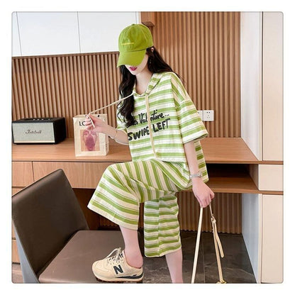 着回し力抜群 ストライプ柄 絶対流行 2色 半袖Ｔシャツⅹパンツセット <F-8717>