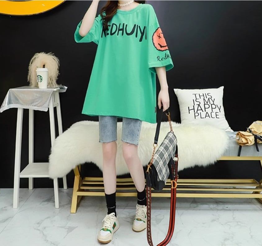 着回し力抜群   ゆったりロング丈切り替え三色半袖Tシャツ＜F-8121＞