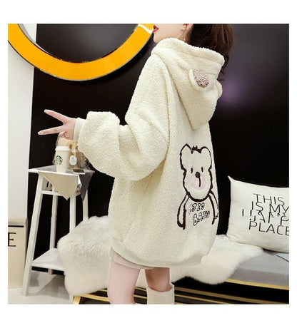 大人可愛いクマちゃんロゴもこもこ厚手フード付きパーカー全3色<F-4696>