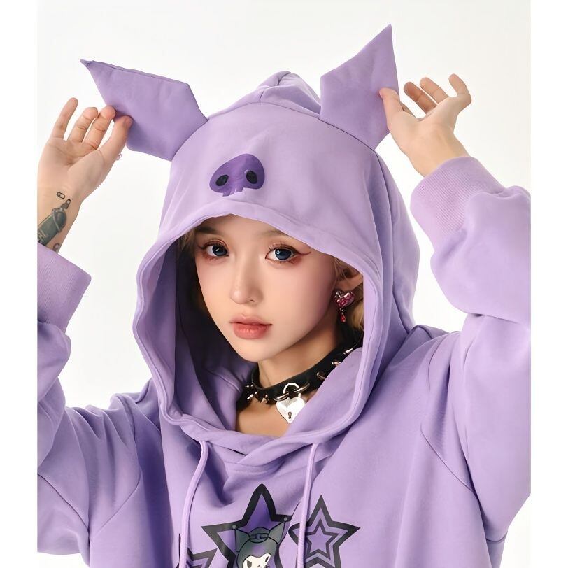 【裏起毛】元気いっぱい 星柄ロゴ カンガルーポケット パープル ゆったり フード付きパーカーF-12623