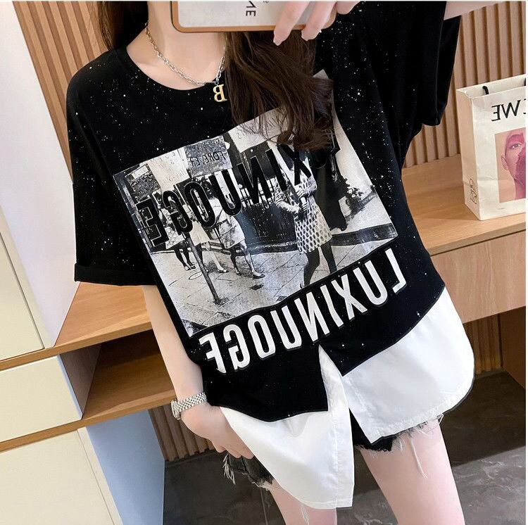 絶対流行 レイヤード風 レース プリント全2色 半袖TシャツF-8821