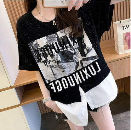 絶対流行 レイヤード風 レース プリント全2色 半袖TシャツF-8821