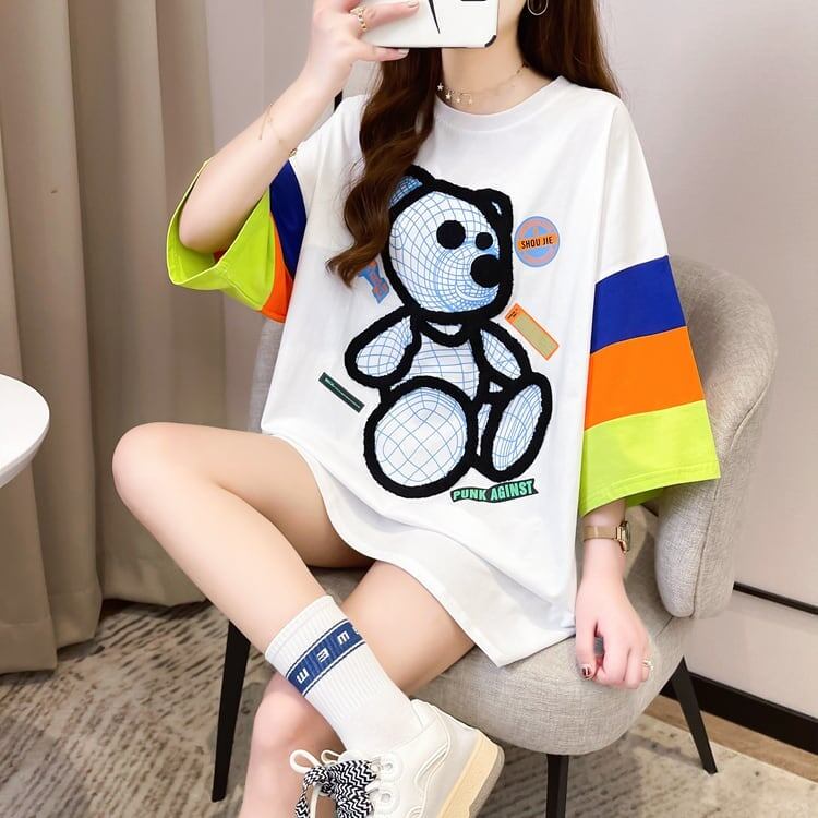 超人気商品   ベアー柄 プリント ロング Tシャツ ゆったりワンピース ＜F-4024＞