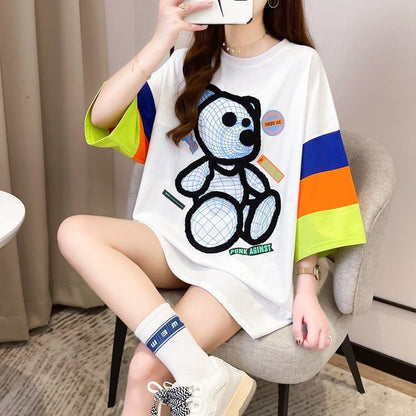 超人気商品   ベアー柄 プリント ロング Tシャツ ゆったりワンピース ＜F-4024＞