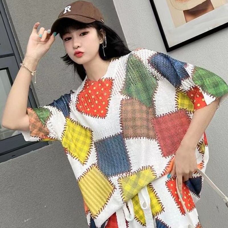 絶対欲しい アイスシルクニット ジオメトリック柄 半袖 Tシャツ ショートパンツ セットアップ ＜F-8983＞