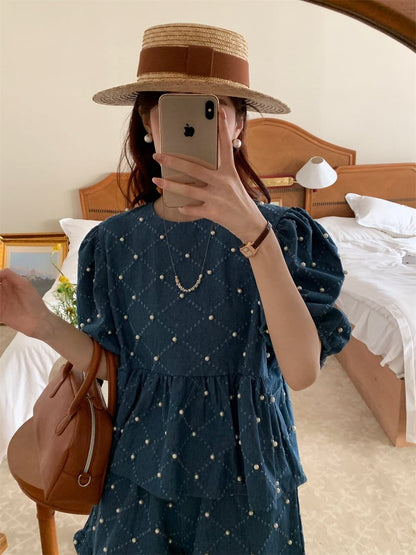 定番シンプル ファッション 個性派 デニム 半袖Ｔシャツⅹパンツセット<isf-11702>