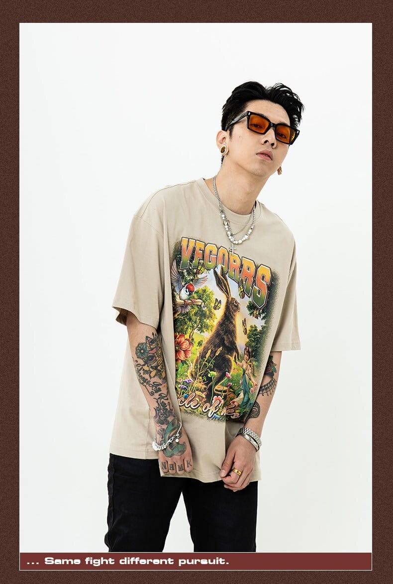 アメリカンレトロ絵画ウサギ半袖Tシャツカップル男女同スタイル<F-2910>