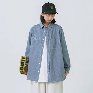 【春先行き】ルーズ ストライプ 着痩せ 男女兼用 シャツ U-13133